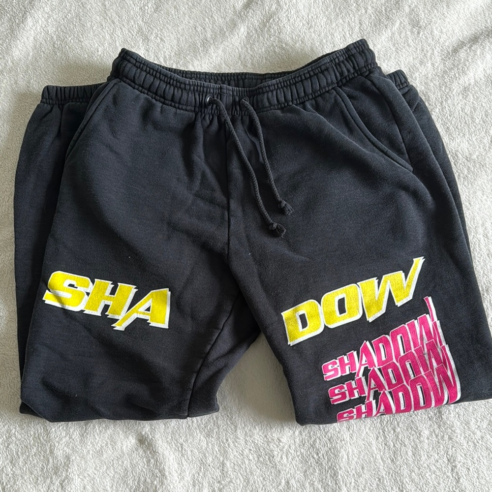 Shadow Hill Charcoal Sweatpants Pink and Yellow Lettering